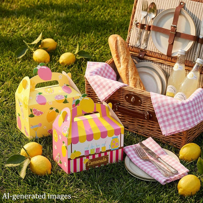 Summer Lemonade Theme Party Treat Boxes Lemon Birthday Goodie Gift Boxes | 12pcs double-sided printed lemonade stand treat boxes for summer lemon theme birthday party candy gift favors