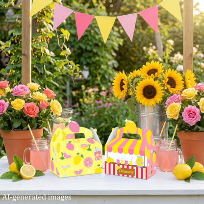 Summer Lemonade Theme Party Treat Boxes Lemon Birthday Goodie Gift Boxes | 12pcs double-sided printed lemonade stand treat boxes for summer lemon theme birthday party candy gift favors
