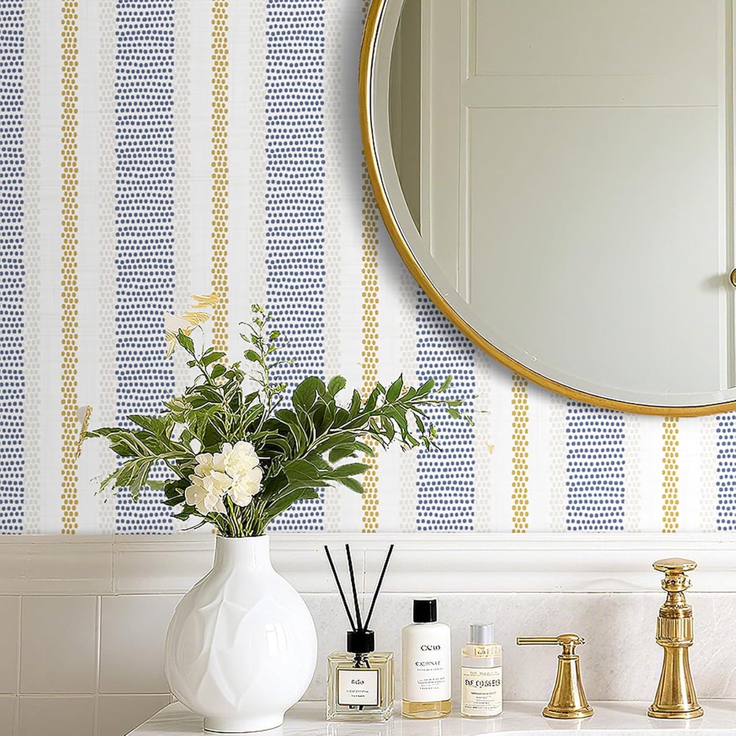 Blue White Gold Striped Wallpaper Peel and Stick Coastal Dune Stripe Wallpaper Prepasted Vinyl Stripes Navy Gold Yellow Tan Cream Polka Dots Blue Striped Contact Paper Strips 17.5x78.8