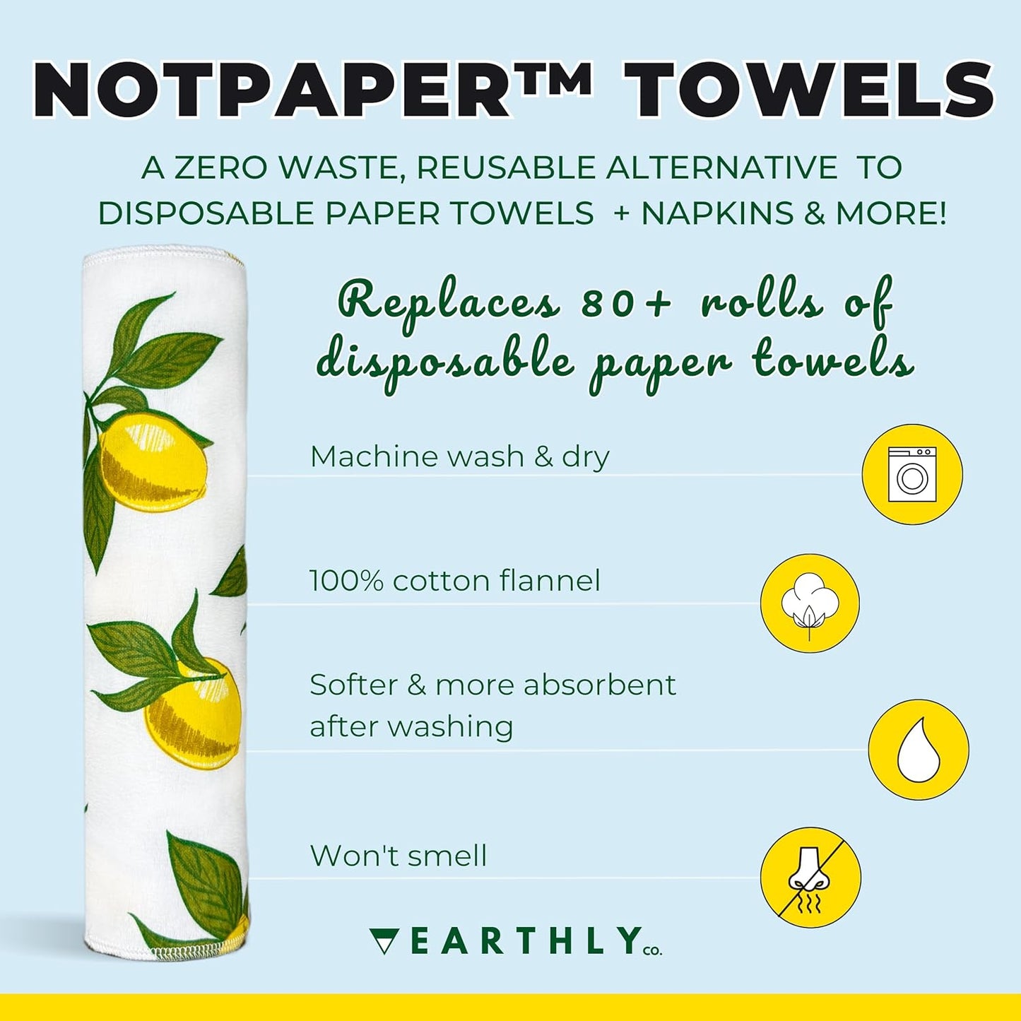 Reusable Paper Towels - 10 Pack - Roll of Washable Cotton Cloth Paper Towels - Paperless Reusable Napkins Cloth Washable - Absorbent + Long Lasting - Zero Waste Products - (Lemon)