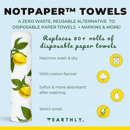 Reusable Paper Towels - 10 Pack - Roll of Washable Cotton Cloth Paper Towels - Paperless Reusable Napkins Cloth Washable - Absorbent + Long Lasting - Zero Waste Products - (Lemon)