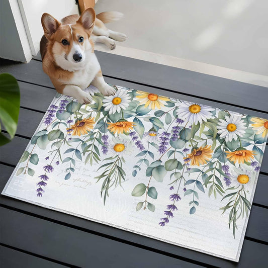 White Yellow Daisy 2x3 Area Rugs for Living Room, Eucalyptus Leaves Lavender Spring Light Blue Non Slip Floor Mat Washable Low-Profile Indoor Carpet for Bedroom, Dining Room, Bathroom
