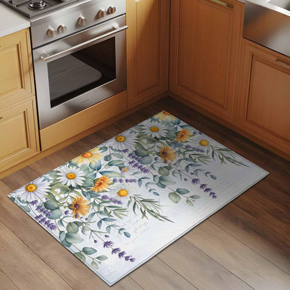 White Yellow Daisy 2x3 Area Rugs for Living Room, Eucalyptus Leaves Lavender Spring Light Blue Non Slip Floor Mat Washable Low-Profile Indoor Carpet for Bedroom, Dining Room, Bathroom