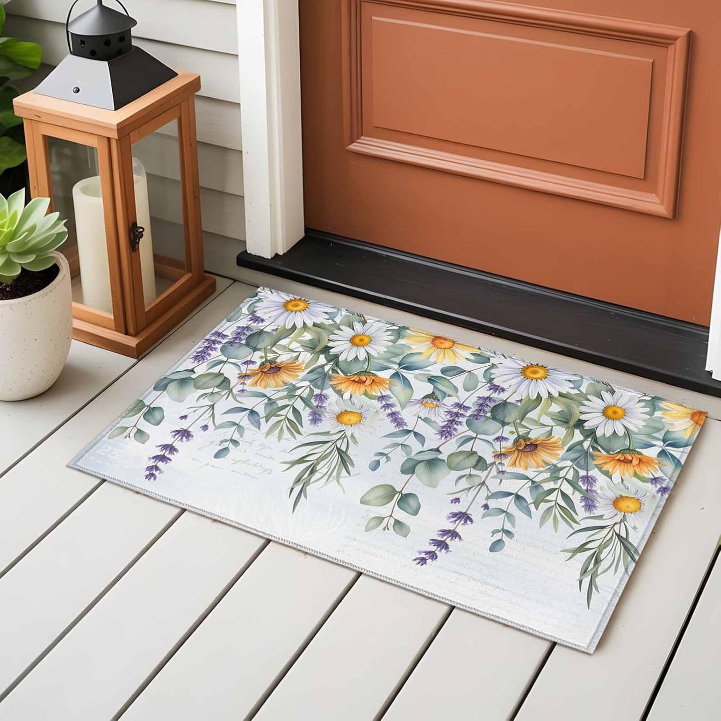 White Yellow Daisy 2x3 Area Rugs for Living Room, Eucalyptus Leaves Lavender Spring Light Blue Non Slip Floor Mat Washable Low-Profile Indoor Carpet for Bedroom, Dining Room, Bathroom