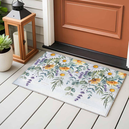 White Yellow Daisy 2x3 Area Rugs for Living Room, Eucalyptus Leaves Lavender Spring Light Blue Non Slip Floor Mat Washable Low-Profile Indoor Carpet for Bedroom, Dining Room, Bathroom
