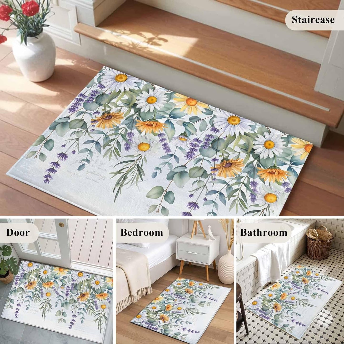 White Yellow Daisy 2x3 Area Rugs for Living Room, Eucalyptus Leaves Lavender Spring Light Blue Non Slip Floor Mat Washable Low-Profile Indoor Carpet for Bedroom, Dining Room, Bathroom