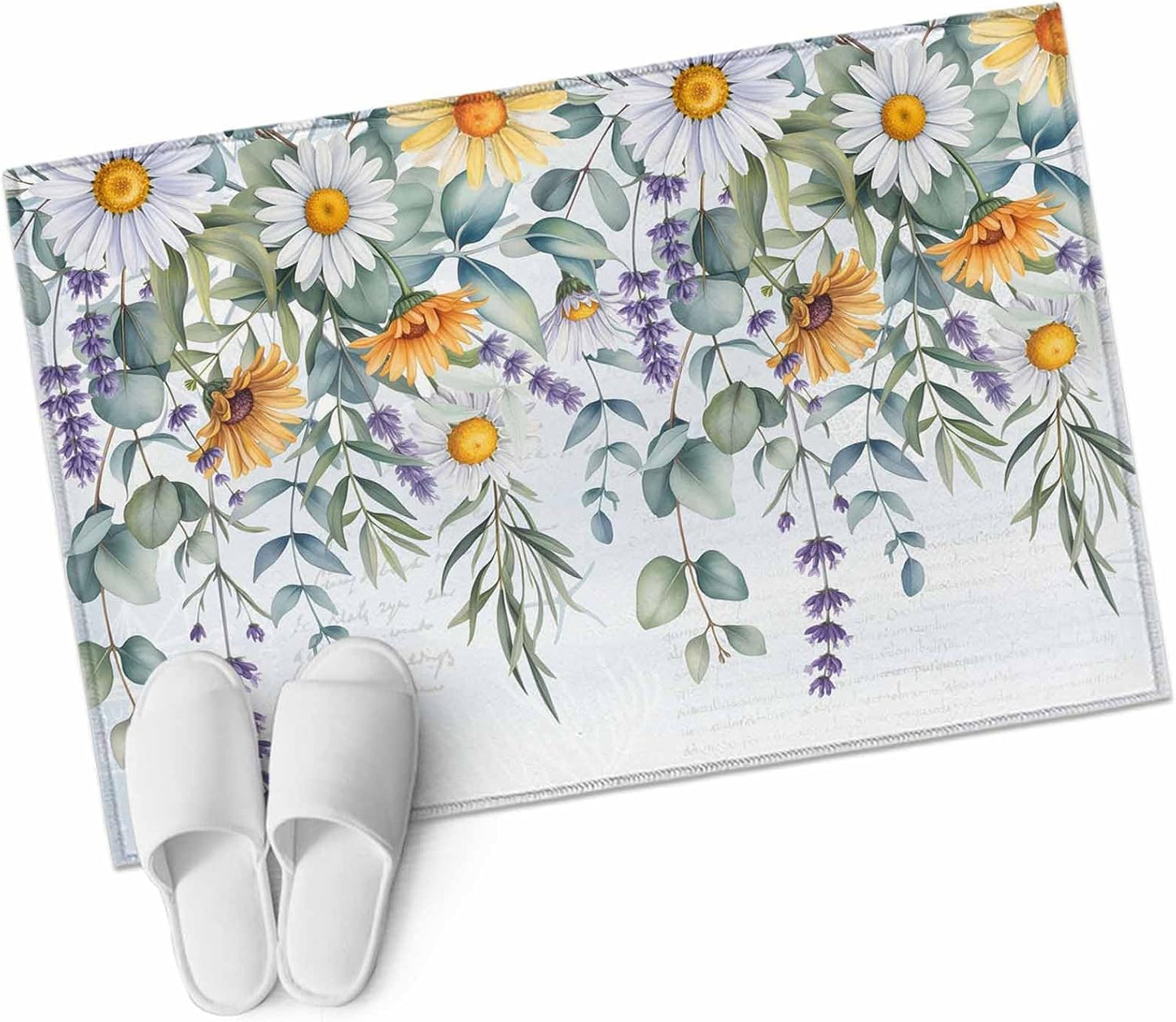 White Yellow Daisy 2x3 Area Rugs for Living Room, Eucalyptus Leaves Lavender Spring Light Blue Non Slip Floor Mat Washable Low-Profile Indoor Carpet for Bedroom, Dining Room, Bathroom