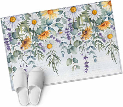 White Yellow Daisy 2x3 Area Rugs for Living Room, Eucalyptus Leaves Lavender Spring Light Blue Non Slip Floor Mat Washable Low-Profile Indoor Carpet for Bedroom, Dining Room, Bathroom