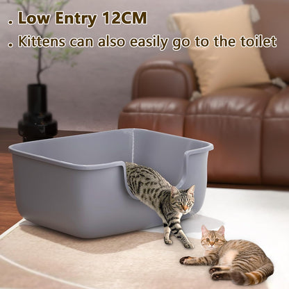 Large Cat Litter Box with High Sides, Open Kitty Litter Boxes Anti-Splashing for Indoor Cat Low Entry Cat Litter Pan for Small and Elderly Cats, Tool-Free Assembly(19.7” * 15.76” * 8.67” Grey)