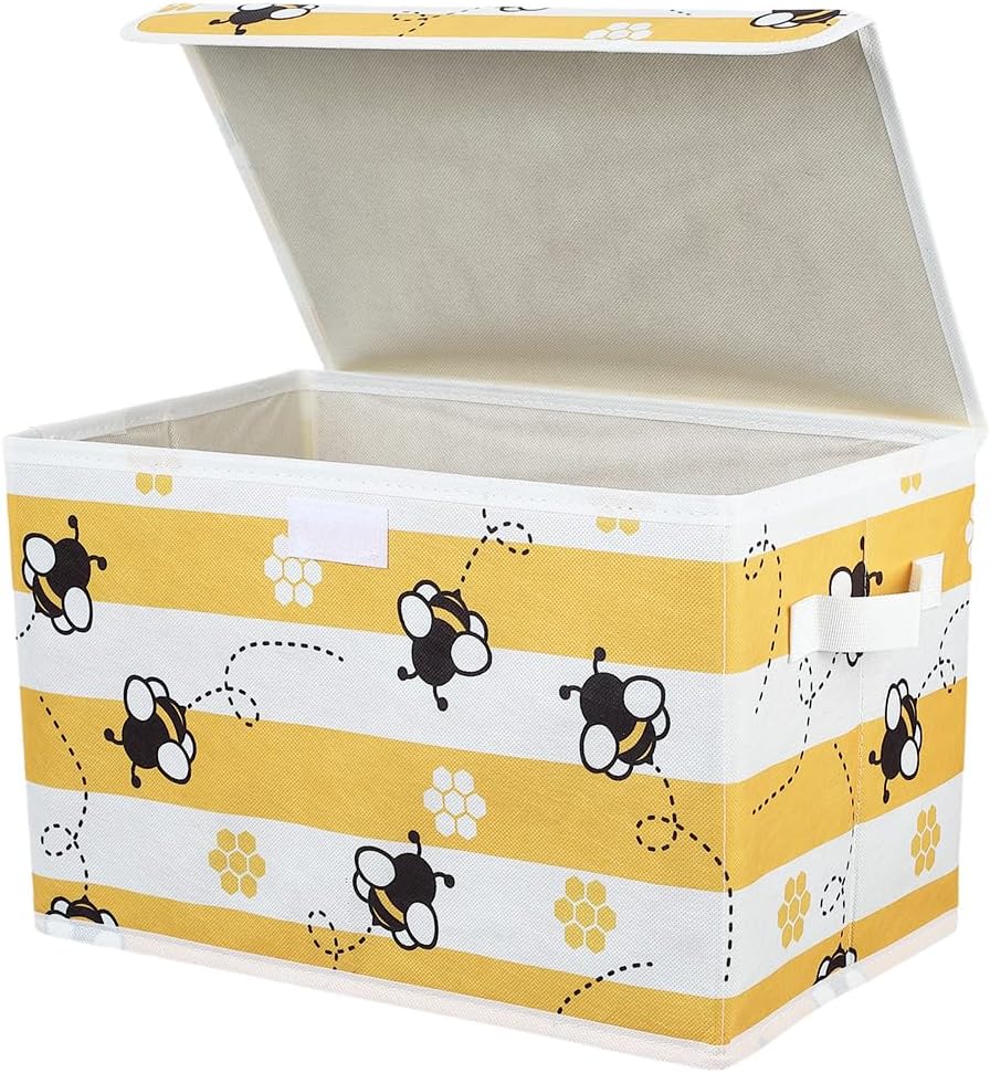Bees Storage Box Bee Storage Bin with Lid Decorative Cute Bees Print Yellow Collapsible Organizer Cubes with Carrying Handle Rectangle Fabric Folding Containers for Bedroom Closet Shelves
