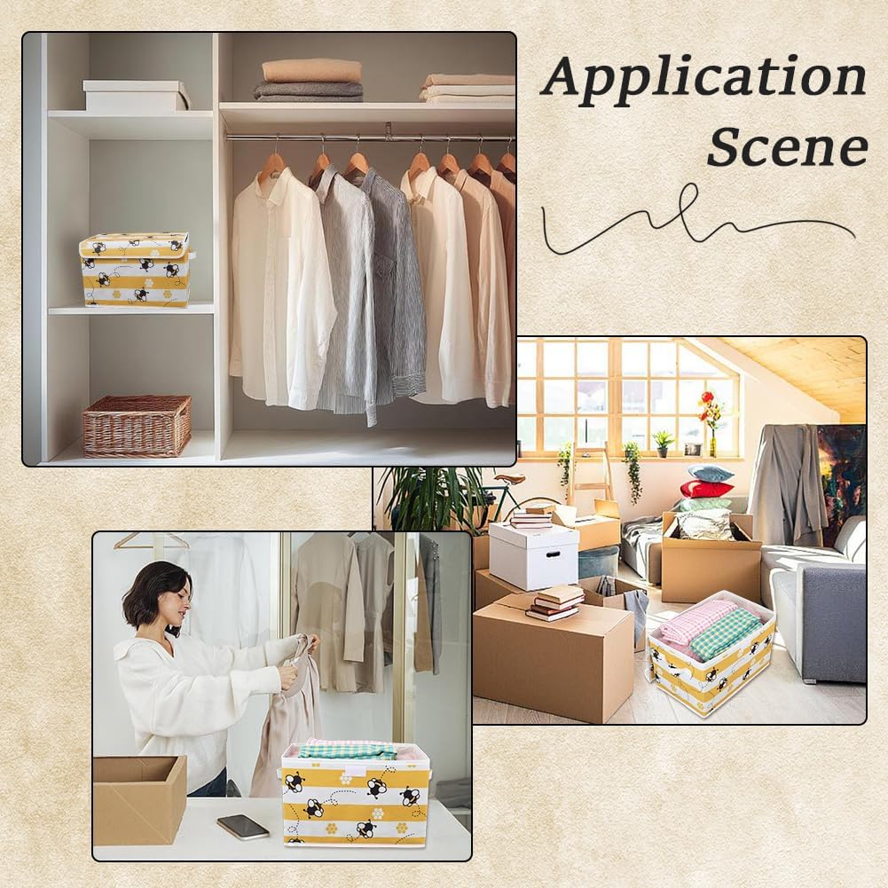 Bees Storage Box Bee Storage Bin with Lid Decorative Cute Bees Print Yellow Collapsible Organizer Cubes with Carrying Handle Rectangle Fabric Folding Containers for Bedroom Closet Shelves