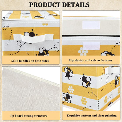 Bees Storage Box Bee Storage Bin with Lid Decorative Cute Bees Print Yellow Collapsible Organizer Cubes with Carrying Handle Rectangle Fabric Folding Containers for Bedroom Closet Shelves