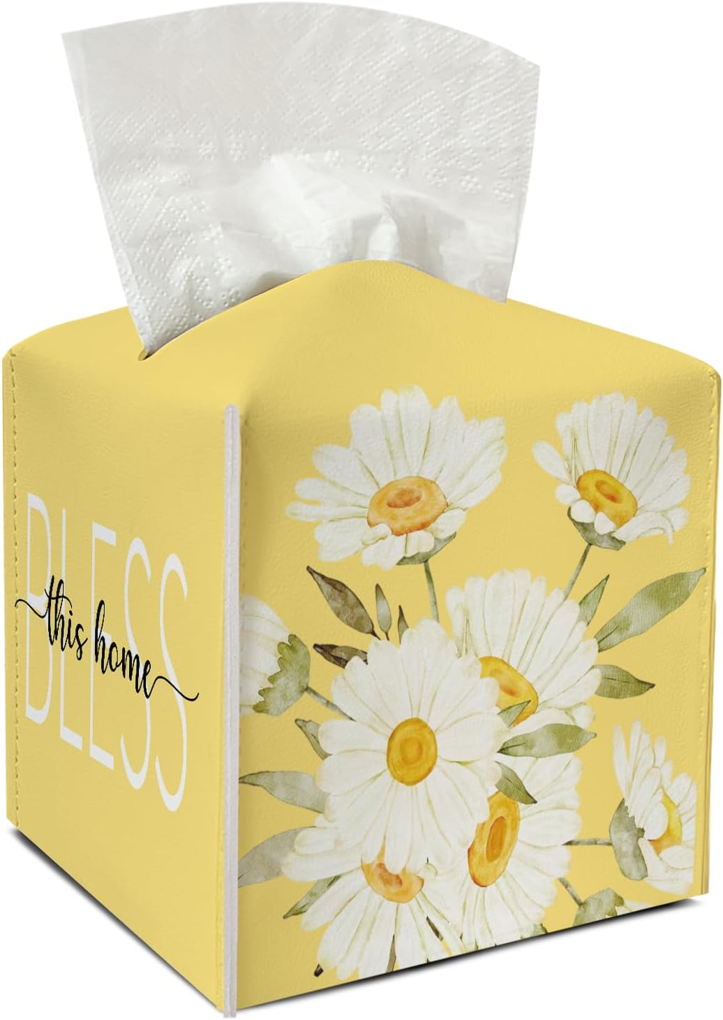 Daisy Leather Tissue Holder with Bottom Belt Ideal for Women Housewarming Gift Yellow Floral Tissue Box Cover Bathroom Car Nightstand Vanity Kitchen Decor Waterproof Napkin Organizer Dispenser - FS705