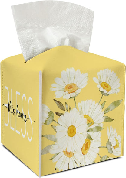 Daisy Leather Tissue Holder with Bottom Belt Ideal for Women Housewarming Gift Yellow Floral Tissue Box Cover Bathroom Car Nightstand Vanity Kitchen Decor Waterproof Napkin Organizer Dispenser - FS705