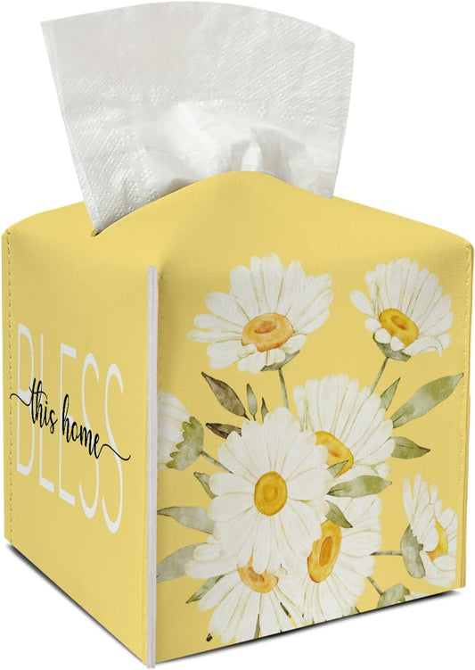 Daisy Leather Tissue Holder with Bottom Belt Ideal for Women Housewarming Gift Yellow Floral Tissue Box Cover Bathroom Car Nightstand Vanity Kitchen Decor Waterproof Napkin Organizer Dispenser - FS705