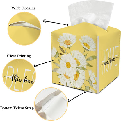 Daisy Leather Tissue Holder with Bottom Belt Ideal for Women Housewarming Gift Yellow Floral Tissue Box Cover Bathroom Car Nightstand Vanity Kitchen Decor Waterproof Napkin Organizer Dispenser - FS705