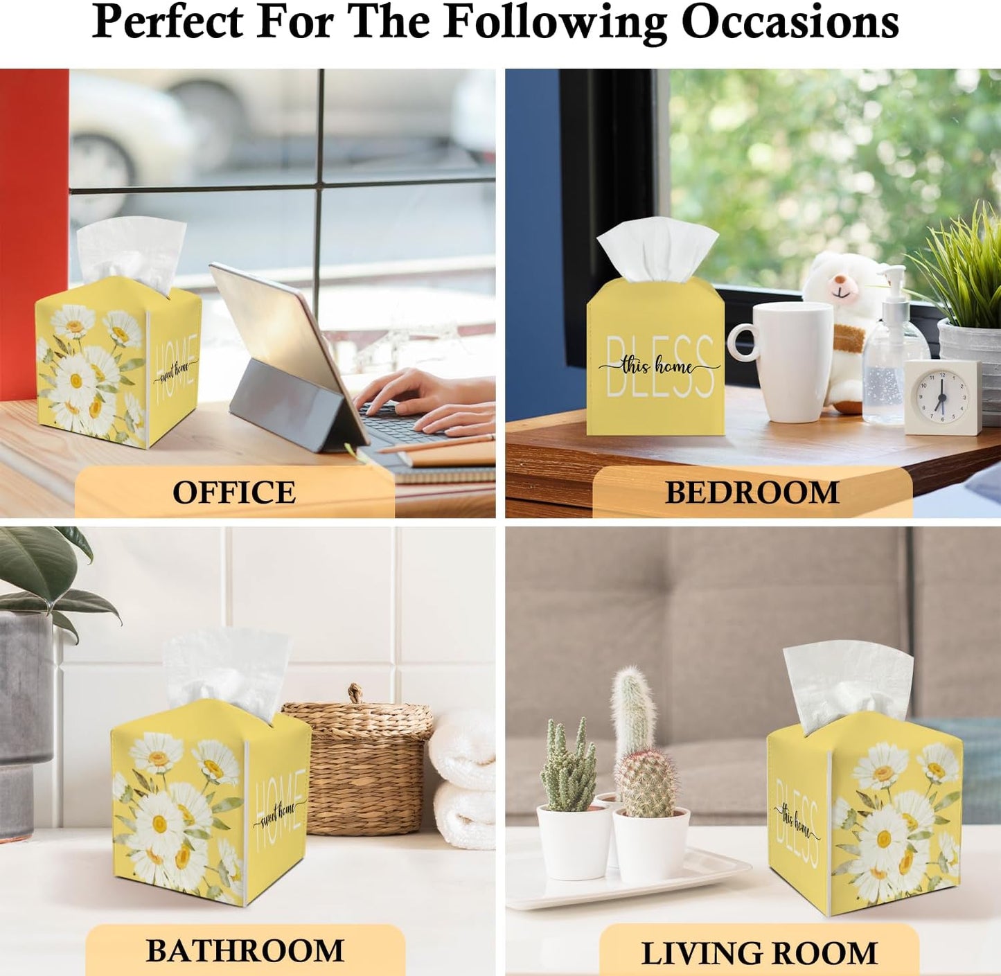 Daisy Leather Tissue Holder with Bottom Belt Ideal for Women Housewarming Gift Yellow Floral Tissue Box Cover Bathroom Car Nightstand Vanity Kitchen Decor Waterproof Napkin Organizer Dispenser - FS705