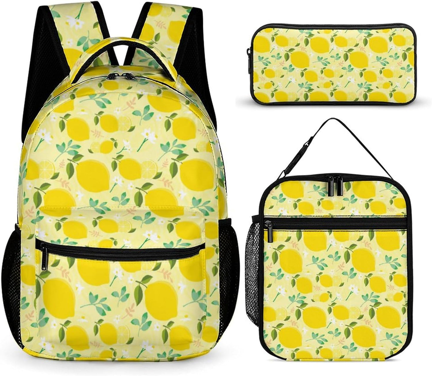 Colorful Multi Pocket Backpack Set School Bookbag with Lunch Bag Lightweight Pencil Case Pouch Bag (Lemon, One Size)