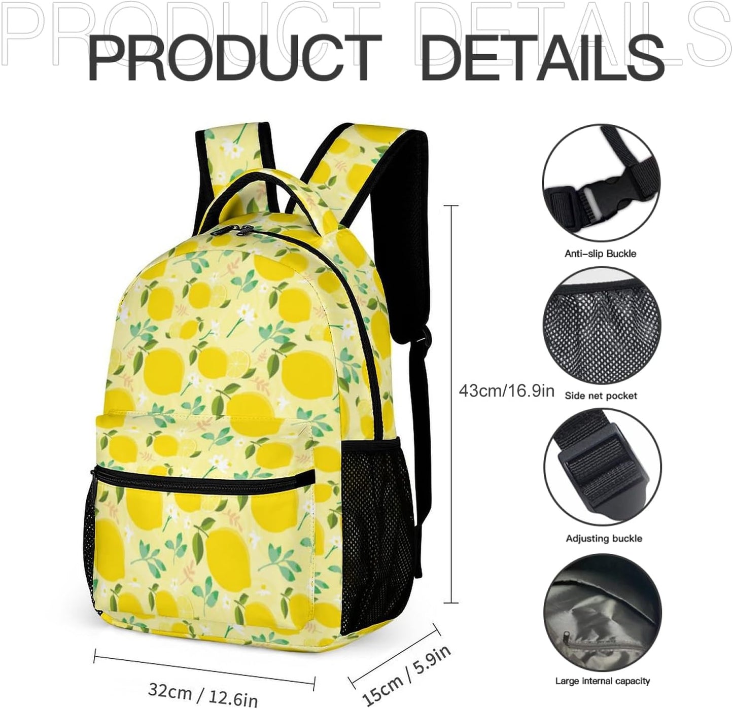 Colorful Multi Pocket Backpack Set School Bookbag with Lunch Bag Lightweight Pencil Case Pouch Bag (Lemon, One Size)