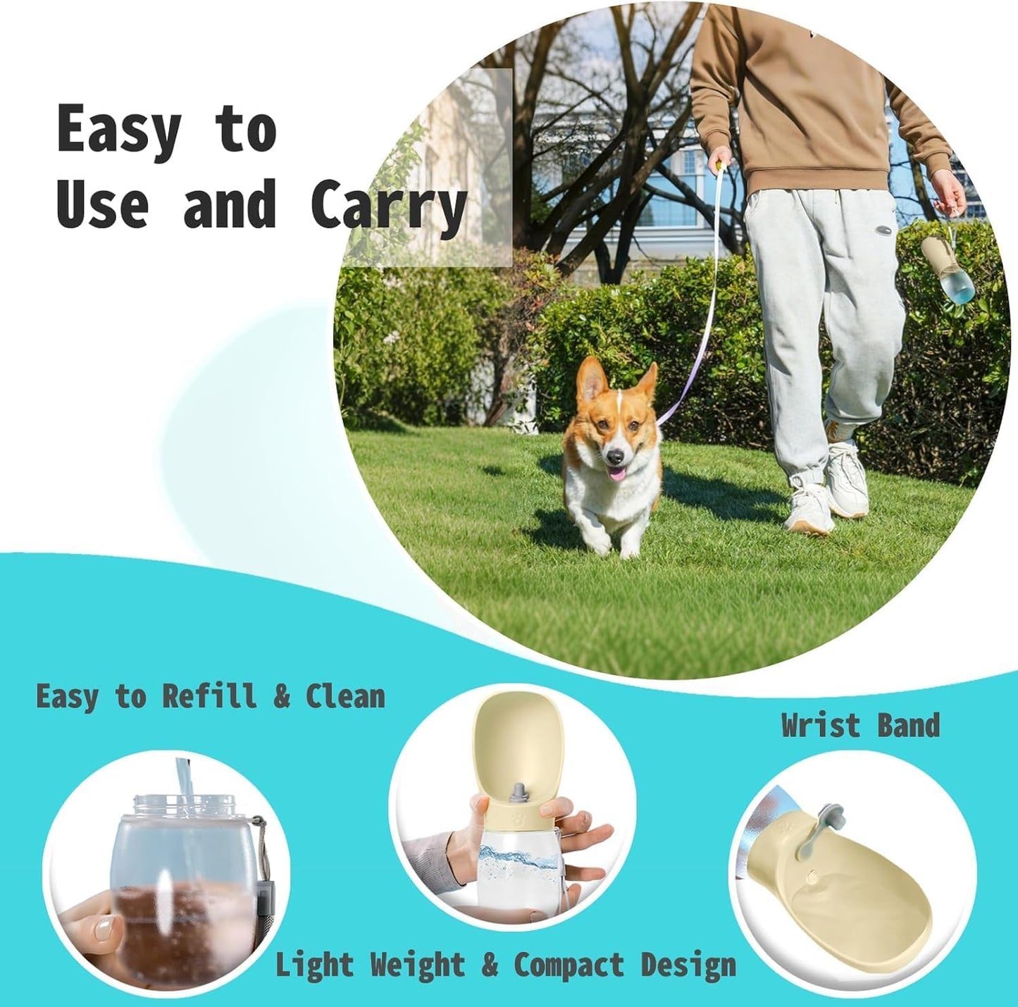 Portable Dog Water Bottle, 12 oz, Leak-Proof Travel Pet Dispenser, Teal,Puppy Water Dispenser with Drinking Feeder for Travel (Yellow, Small)