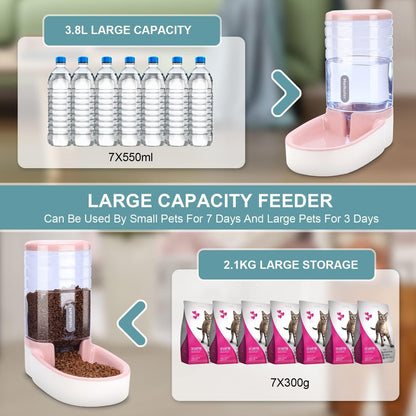 Automatic Dog Cat Feeder and Water Dispenser Set,Waterer and Gravity Food Feeder for Small & Medium Dogs Cats Puppies,Large Capacity 1 Gallon x 2(Pink)