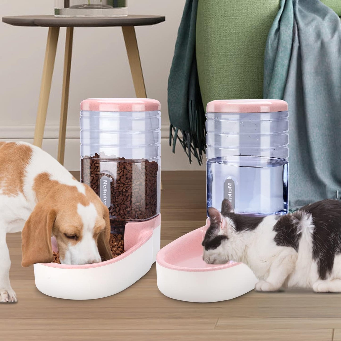 Automatic Dog Cat Feeder and Water Dispenser Set,Waterer and Gravity Food Feeder for Small & Medium Dogs Cats Puppies,Large Capacity 1 Gallon x 2(Pink)