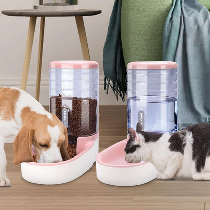 Automatic Dog Cat Feeder and Water Dispenser Set,Waterer and Gravity Food Feeder for Small & Medium Dogs Cats Puppies,Large Capacity 1 Gallon x 2(Pink)