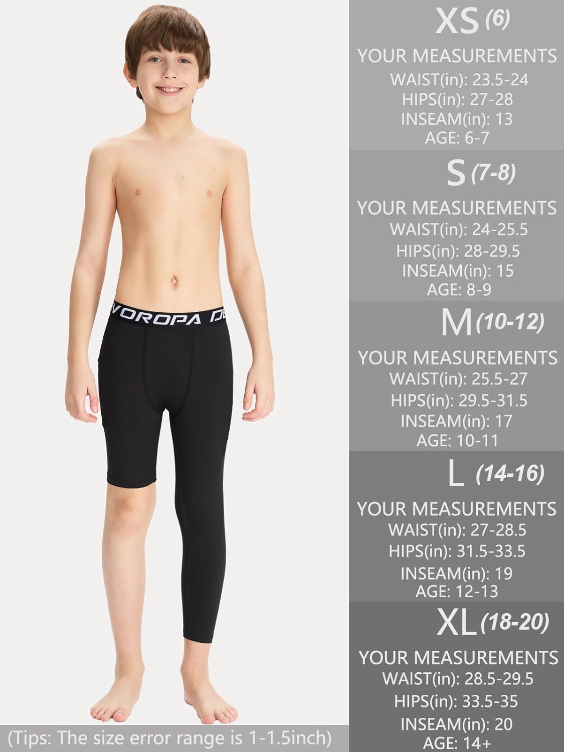 Youth Boys One Leg Compression Pants for Basketball 3/4 Leggings Sports Tights Kids Athletic Soccer Base Layer