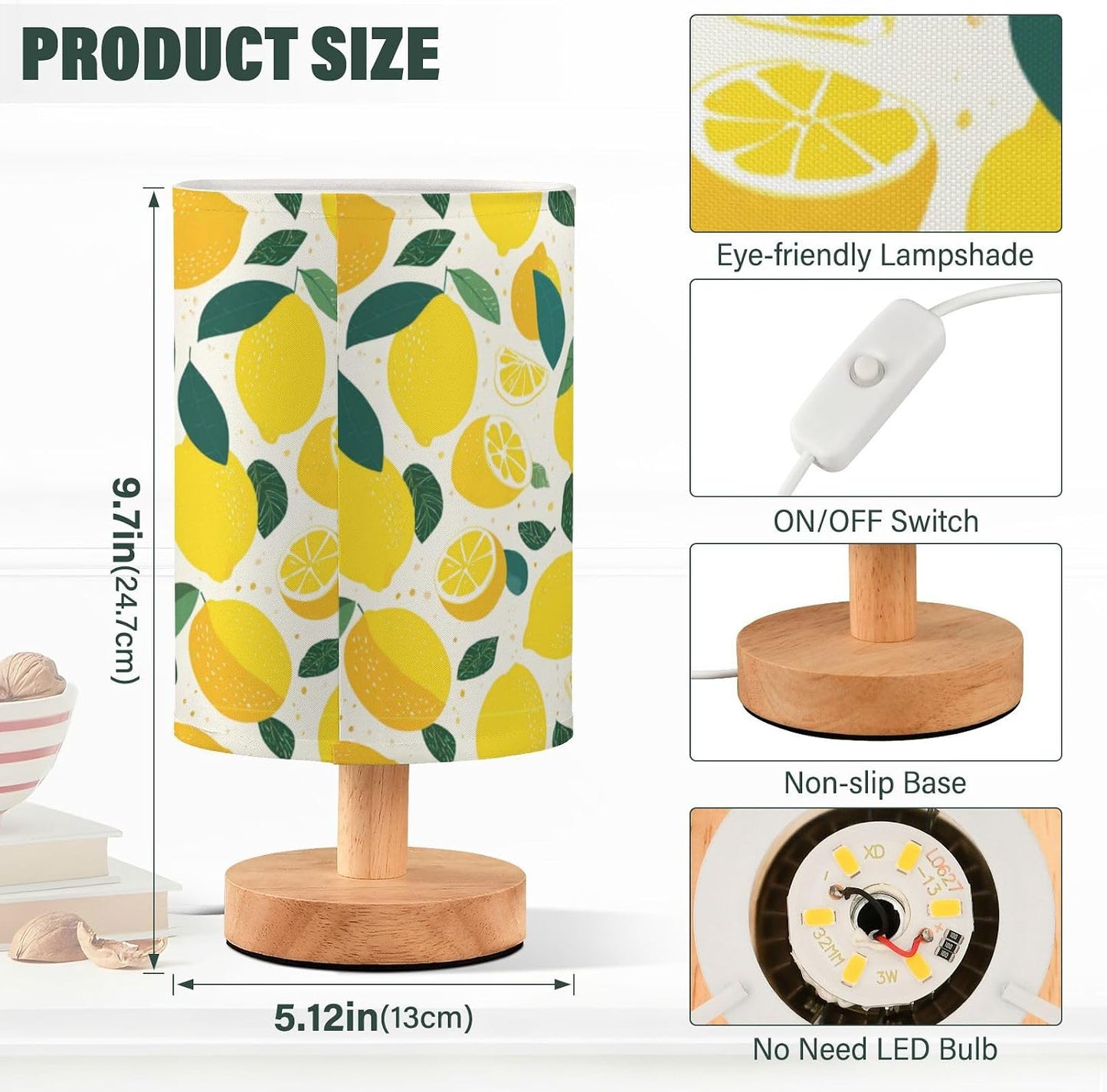 Bedside Table Lamp Lemon Yellow Citrus Fruits (58) Kids Nightstand Lamp Night Light Fabric Shade for Bedroom Living Room Home Office