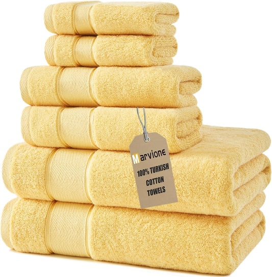 Bath Towels Set 6 Piece, 100% Turkish Cotton Highly Absorbent and Soft Towels for Bathroom 2 Bath Towels 2 Hand Towels 2 Washcloths, Light Yellow