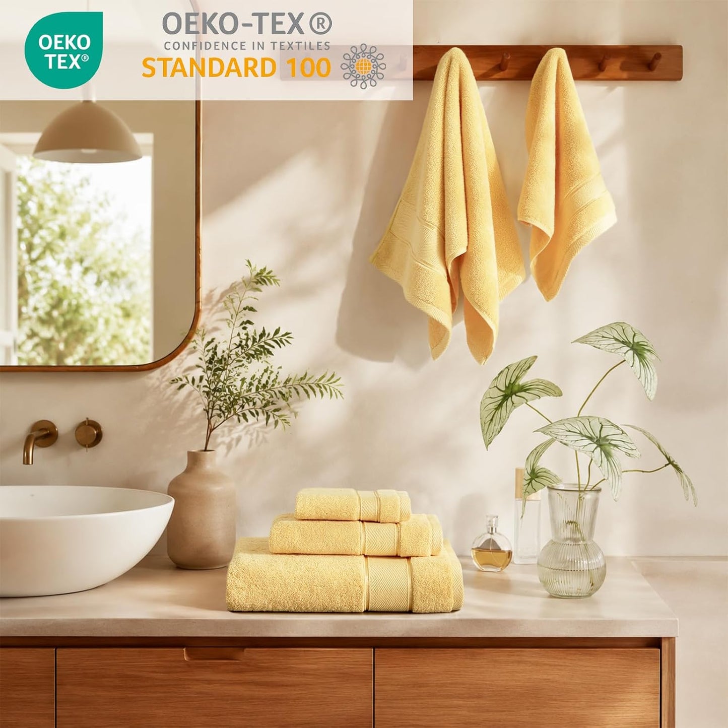 Bath Towels Set 6 Piece, 100% Turkish Cotton Highly Absorbent and Soft Towels for Bathroom 2 Bath Towels 2 Hand Towels 2 Washcloths, Light Yellow