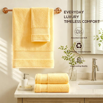 Bath Towels Set 6 Piece, 100% Turkish Cotton Highly Absorbent and Soft Towels for Bathroom 2 Bath Towels 2 Hand Towels 2 Washcloths, Light Yellow