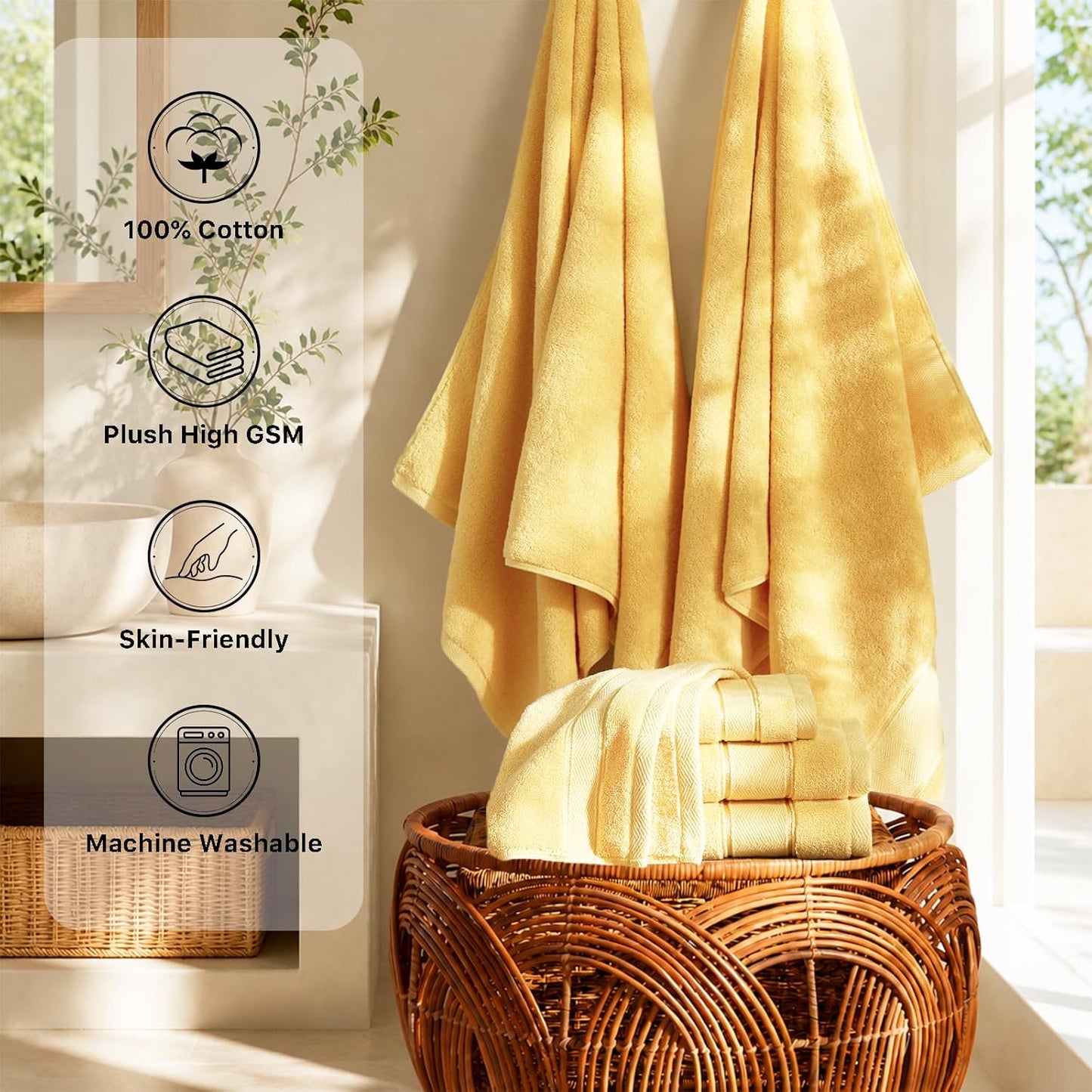 Bath Towels Set 6 Piece, 100% Turkish Cotton Highly Absorbent and Soft Towels for Bathroom 2 Bath Towels 2 Hand Towels 2 Washcloths, Light Yellow