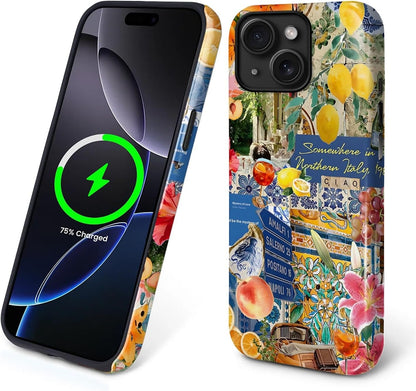 Magnetic Phone Case for iPhone 13/14,Compatible with MagSafe,Durable 2 Layers Full Covered Shockproof Protective Cover-Lemon Flower Collage