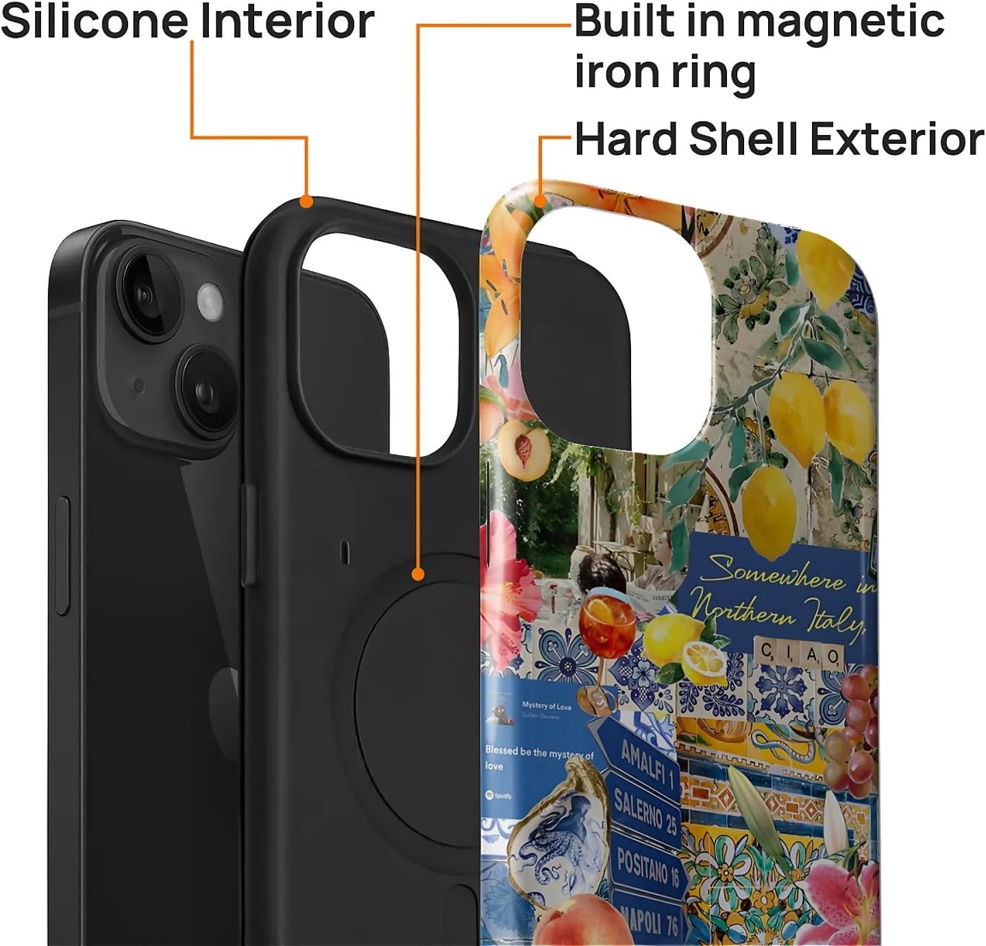 Magnetic Phone Case for iPhone 13/14,Compatible with MagSafe,Durable 2 Layers Full Covered Shockproof Protective Cover-Lemon Flower Collage