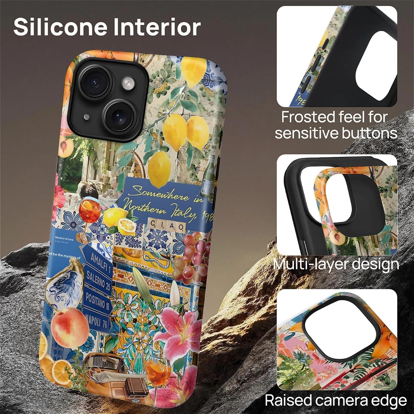 Magnetic Phone Case for iPhone 13/14,Compatible with MagSafe,Durable 2 Layers Full Covered Shockproof Protective Cover-Lemon Flower Collage