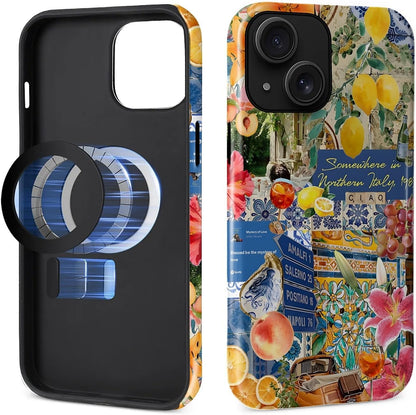 Magnetic Phone Case for iPhone 13/14,Compatible with MagSafe,Durable 2 Layers Full Covered Shockproof Protective Cover-Lemon Flower Collage