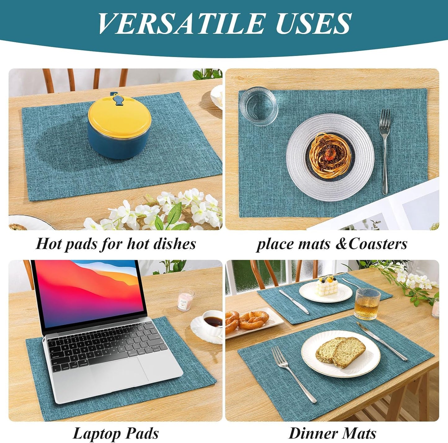 Woven Fabric Placemats Set of 4 Heat Resistant Place Mats Non Slip Washable Double Layer Cloth Placemats Reversible Table Mats Kitchen Dining Table Decor (4, Yellow)