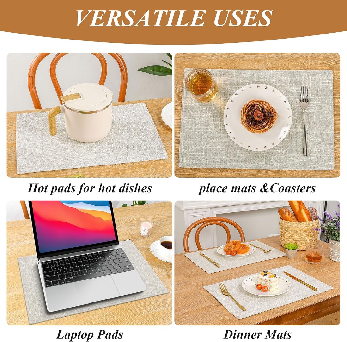 Woven Fabric Placemats Set of 4 Heat Resistant Place Mats Non Slip Washable Double Layer Cloth Placemats Reversible Table Mats Kitchen Dining Table Decor (4, Yellow)