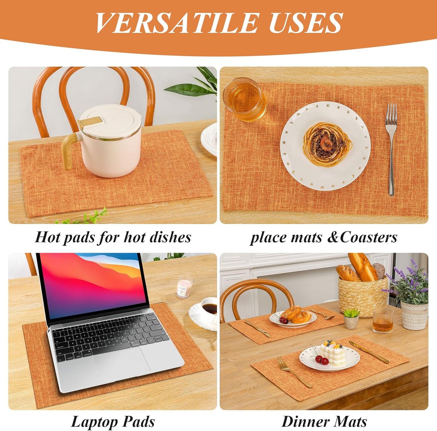 Woven Fabric Placemats Set of 4 Heat Resistant Place Mats Non Slip Washable Double Layer Cloth Placemats Reversible Table Mats Kitchen Dining Table Decor (4, Yellow)