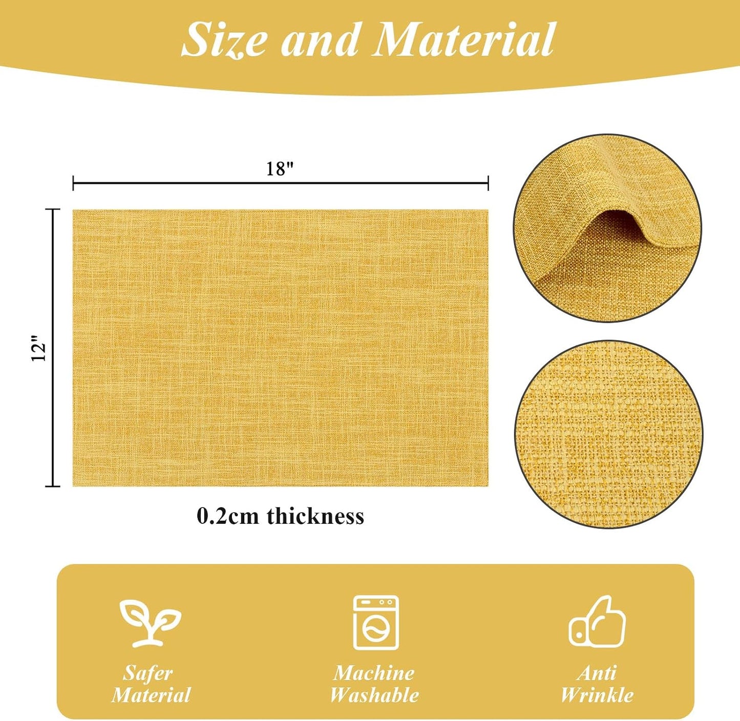 Woven Fabric Placemats Set of 4 Heat Resistant Place Mats Non Slip Washable Double Layer Cloth Placemats Reversible Table Mats Kitchen Dining Table Decor (4, Yellow)
