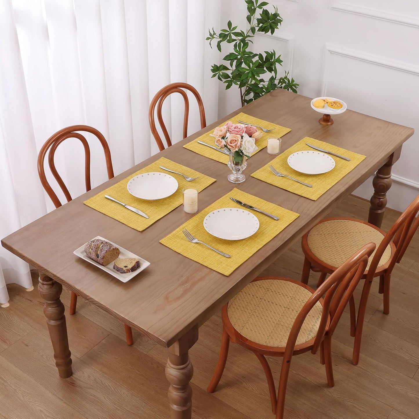 Woven Fabric Placemats Set of 4 Heat Resistant Place Mats Non Slip Washable Double Layer Cloth Placemats Reversible Table Mats Kitchen Dining Table Decor (4, Yellow)