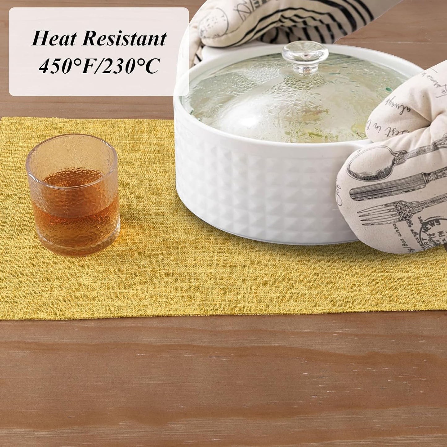 Woven Fabric Placemats Set of 4 Heat Resistant Place Mats Non Slip Washable Double Layer Cloth Placemats Reversible Table Mats Kitchen Dining Table Decor (4, Yellow)