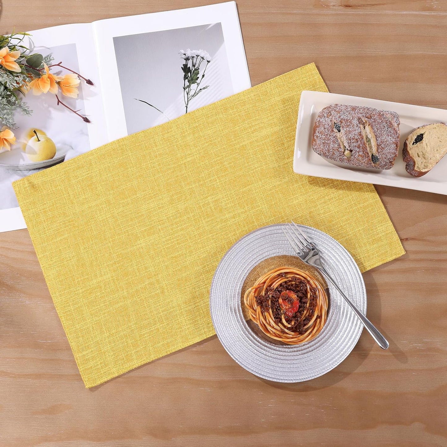 Woven Fabric Placemats Set of 4 Heat Resistant Place Mats Non Slip Washable Double Layer Cloth Placemats Reversible Table Mats Kitchen Dining Table Decor (4, Yellow)