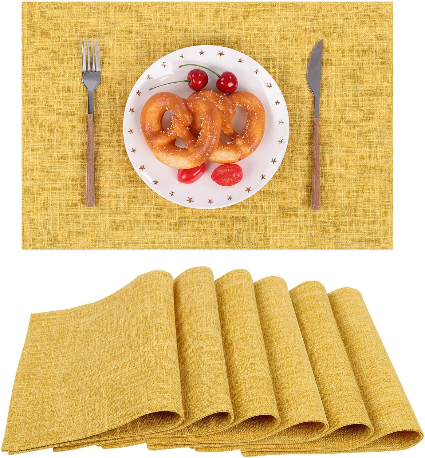 Woven Fabric Placemats Set of 4 Heat Resistant Place Mats Non Slip Washable Double Layer Cloth Placemats Reversible Table Mats Kitchen Dining Table Decor (4, Yellow)