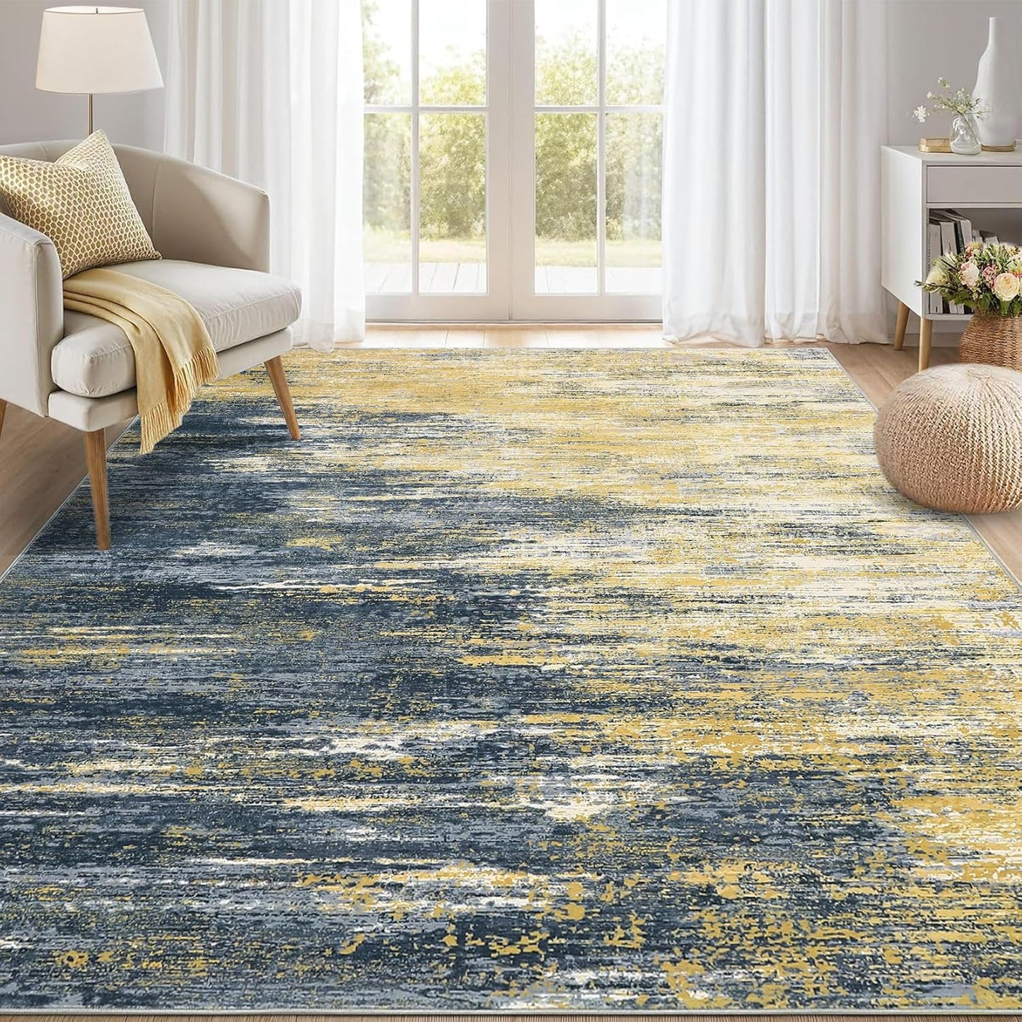 Modern Abstract Living Room Rug 8x10, Washable Area Rugs for Bedroom, Stain Resistant Non Slip Large Rug, Soft Indoor Carpet for Dining Room Table Home Decor, Yellow/Black