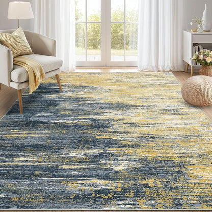 Modern Abstract Living Room Rug 8x10, Washable Area Rugs for Bedroom, Stain Resistant Non Slip Large Rug, Soft Indoor Carpet for Dining Room Table Home Decor, Yellow/Black