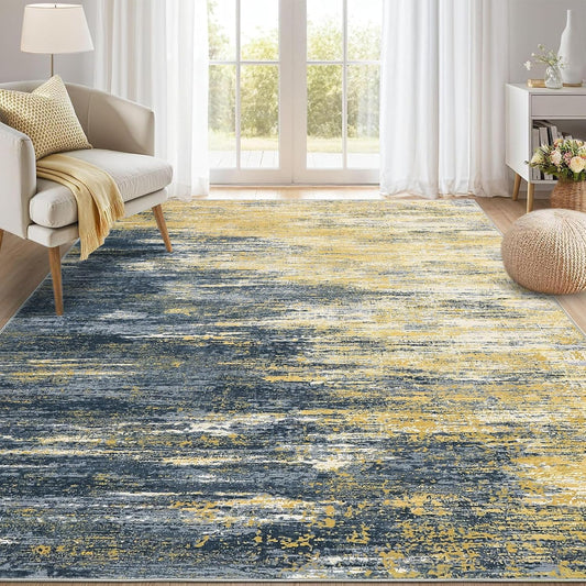Modern Abstract Living Room Rug 8x10, Washable Area Rugs for Bedroom, Stain Resistant Non Slip Large Rug, Soft Indoor Carpet for Dining Room Table Home Decor, Yellow/Black