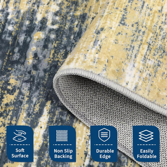 Modern Abstract Living Room Rug 8x10, Washable Area Rugs for Bedroom, Stain Resistant Non Slip Large Rug, Soft Indoor Carpet for Dining Room Table Home Decor, Yellow/Black