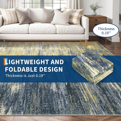 Modern Abstract Living Room Rug 8x10, Washable Area Rugs for Bedroom, Stain Resistant Non Slip Large Rug, Soft Indoor Carpet for Dining Room Table Home Decor, Yellow/Black
